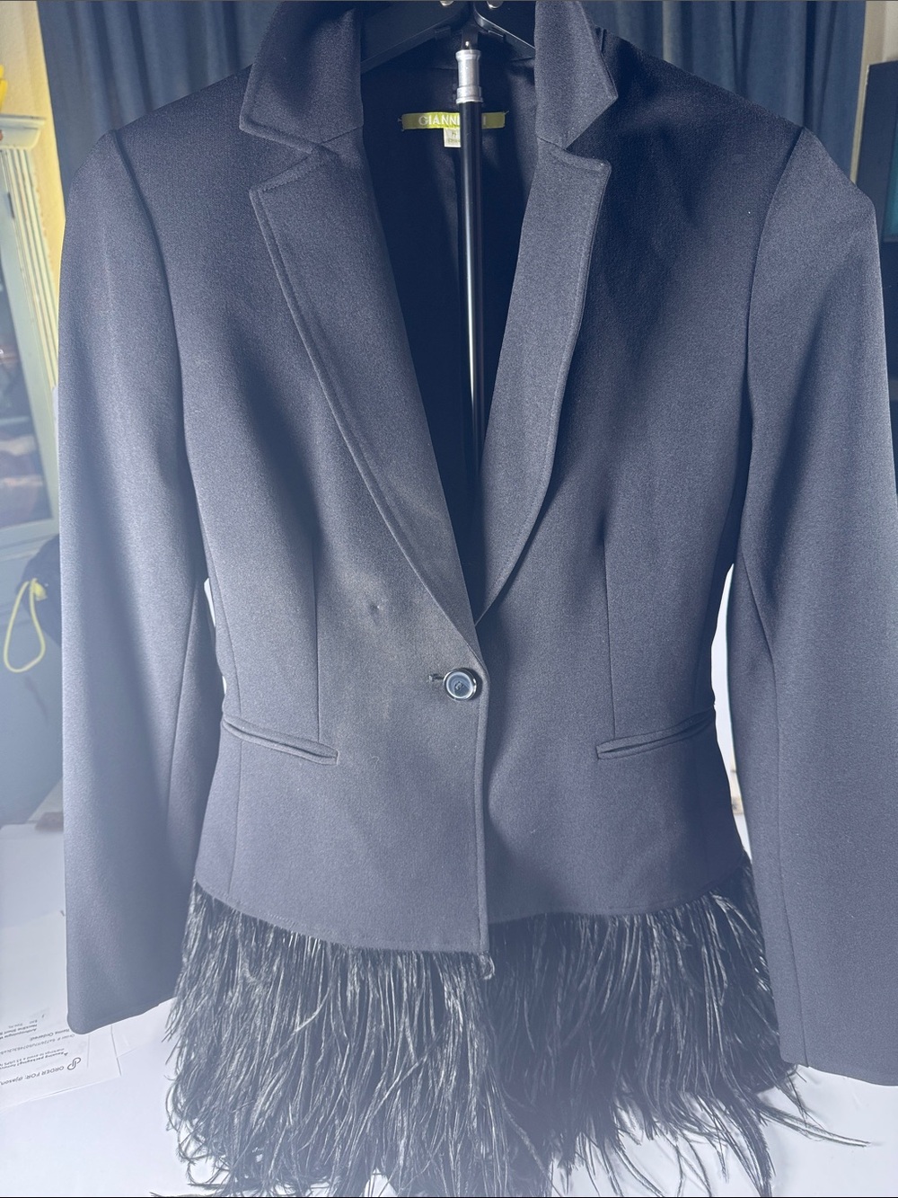 Ganni Black ostrich Feather-Hem Single-Button Blazer